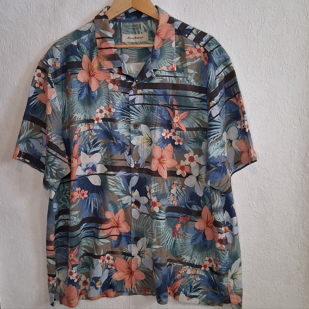 Beautiful TOMMY BAHAMA Silk Hawaiian Shirt, Orchids Hibiscus Flowers Floral, XXL